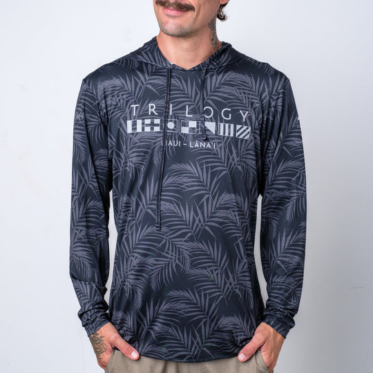 Mens Crew Long Sleeve Hoodie UPF Shirt in Black Palm