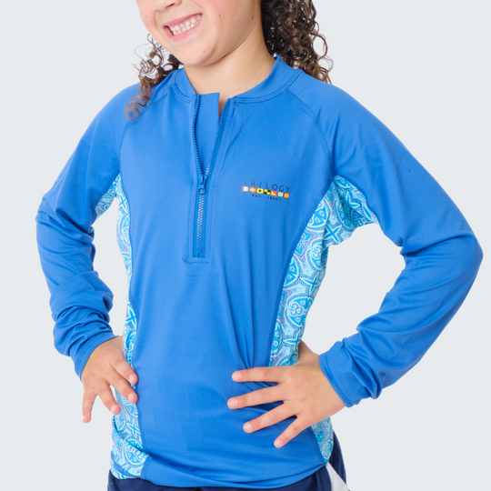 Youth Girls 1/4 Zip Rash Guard in Blue Mosaic