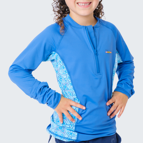 Youth Girls 1/4 Zip Rash Guard in Blue Mosaic